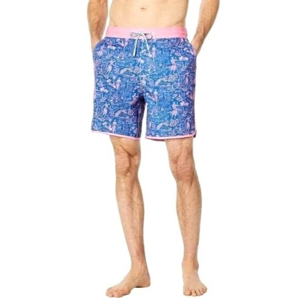 Johnnie O Swim Trunks Men Small Blue Pink Honolulu Hawaii Tropical Surf Shorts‎ - Picture 1 of 11